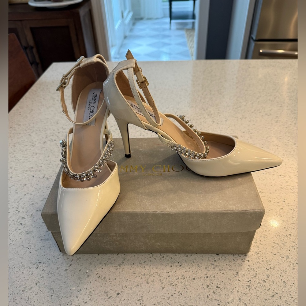 Cream Stiletto Heels with Studded Ankle Straps